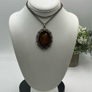 Vintage Brown Topaz Glass CAMEO Intaglio PENDANT Necklace‎ victorian revival